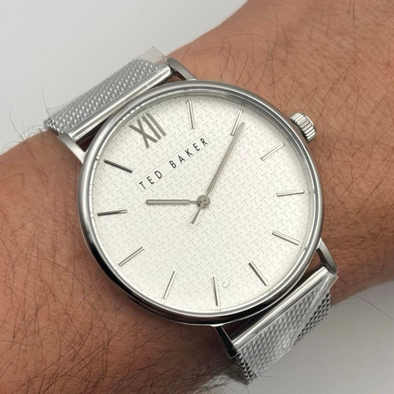 Ted Baker Phylipa BKPPGS217 Mens 43mm Silver Mesh White Dial Quartz. NIBWT