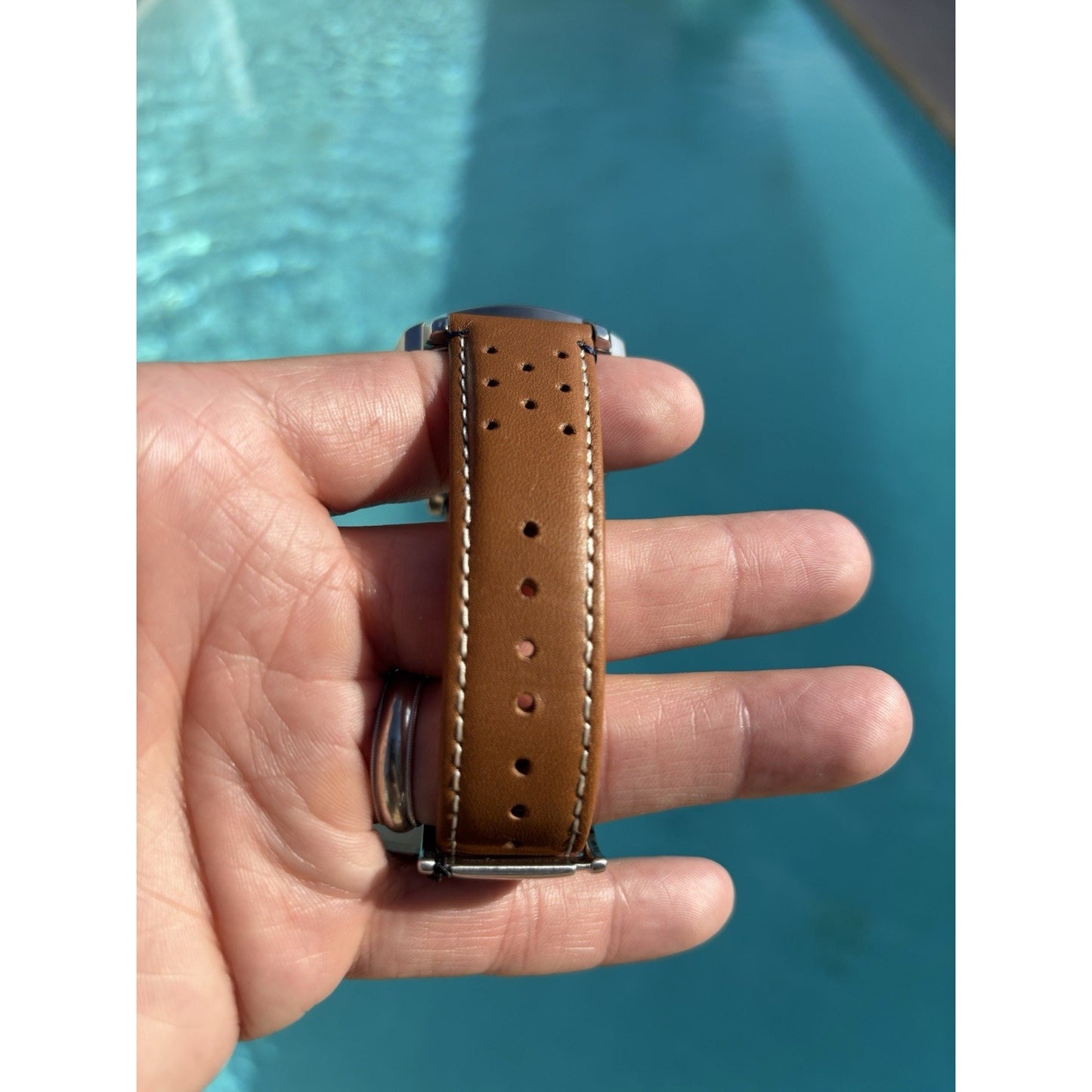 Fossil PR5486 Sun-Ray Green Dial Tonneau-Cushion Case Perforated Leather Band