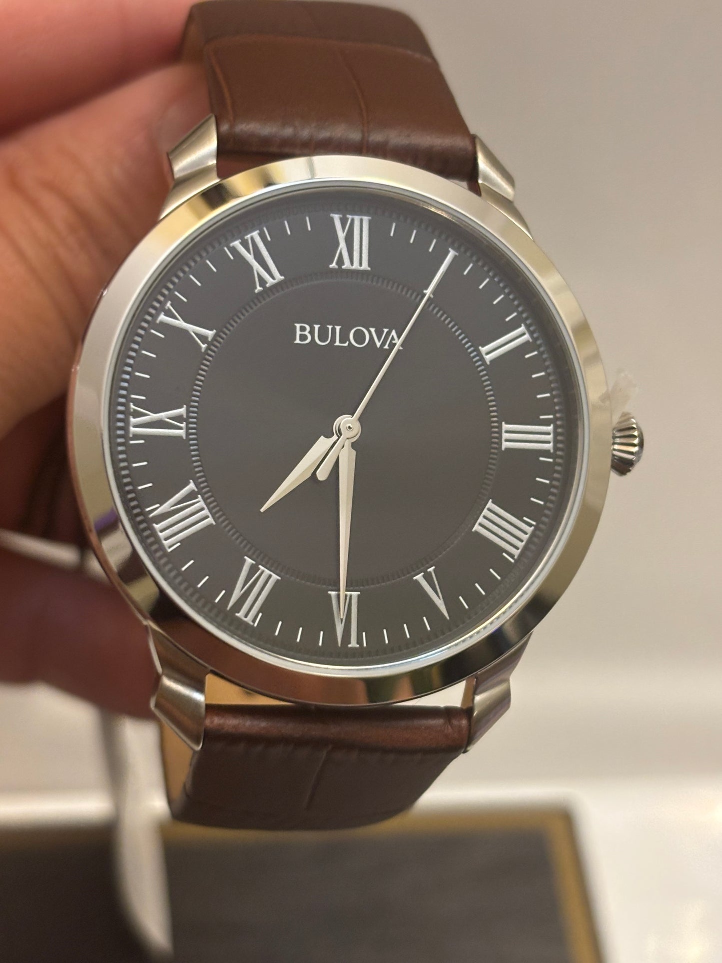 Bulova Classic 96A184 Men’s Black Dial Roman Numeral Brown Leather Watch