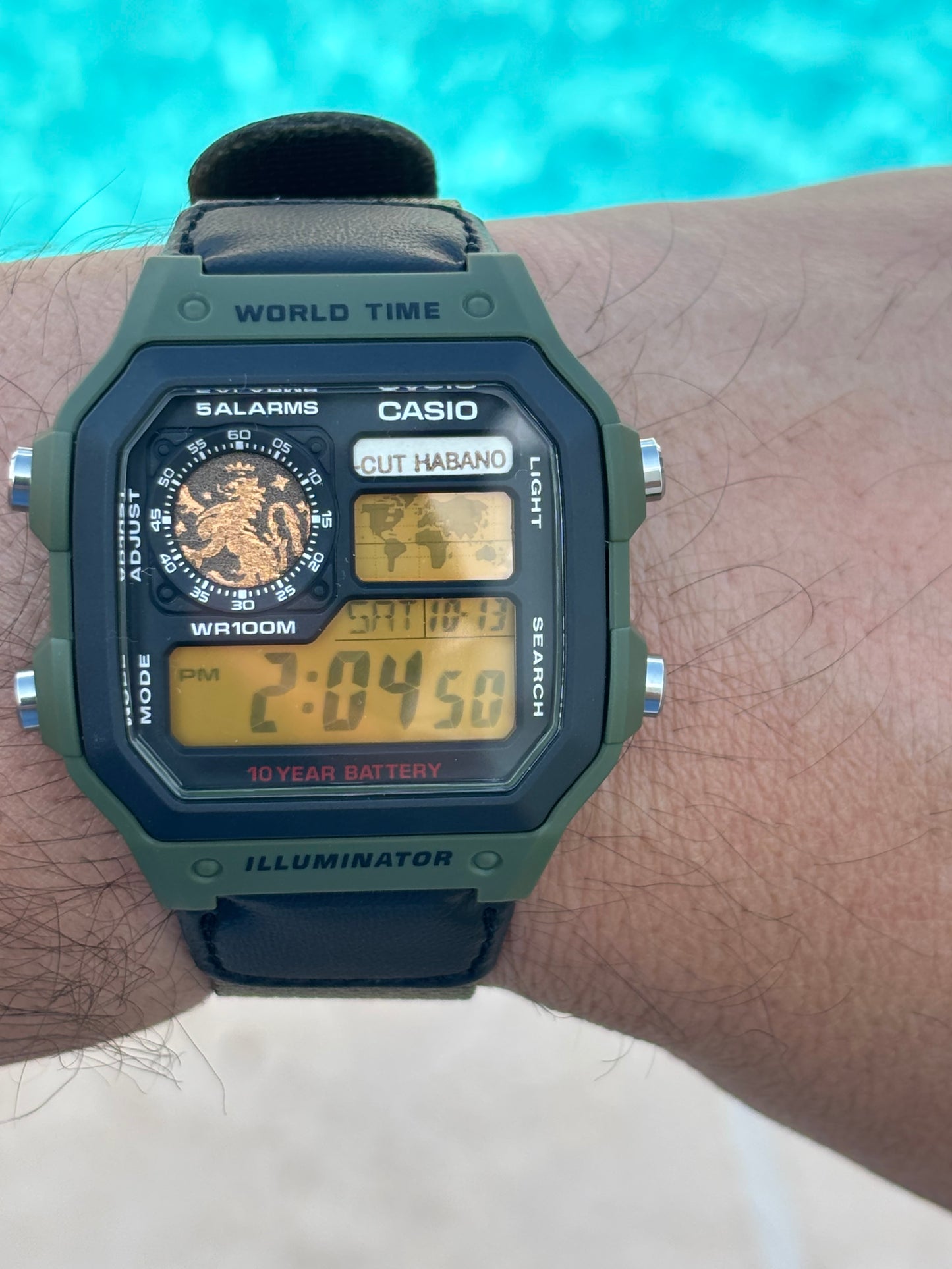 Custom Casio World Time Mod – Cigar Band “CUT HABANO” + Orange Gel Filter | Olive Green Strap