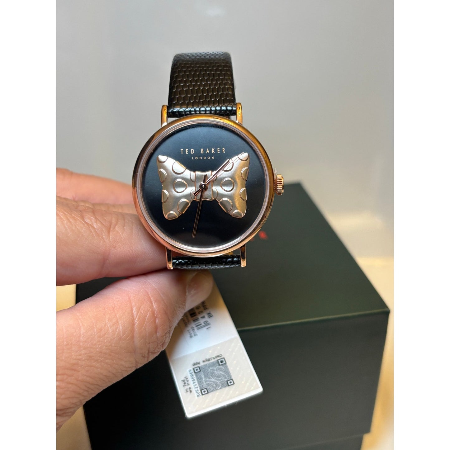 Ted Baker Ladies Black Lizard Leather Strap Watch Rose Gold Bow-Tie Dial BKPPHS3019I