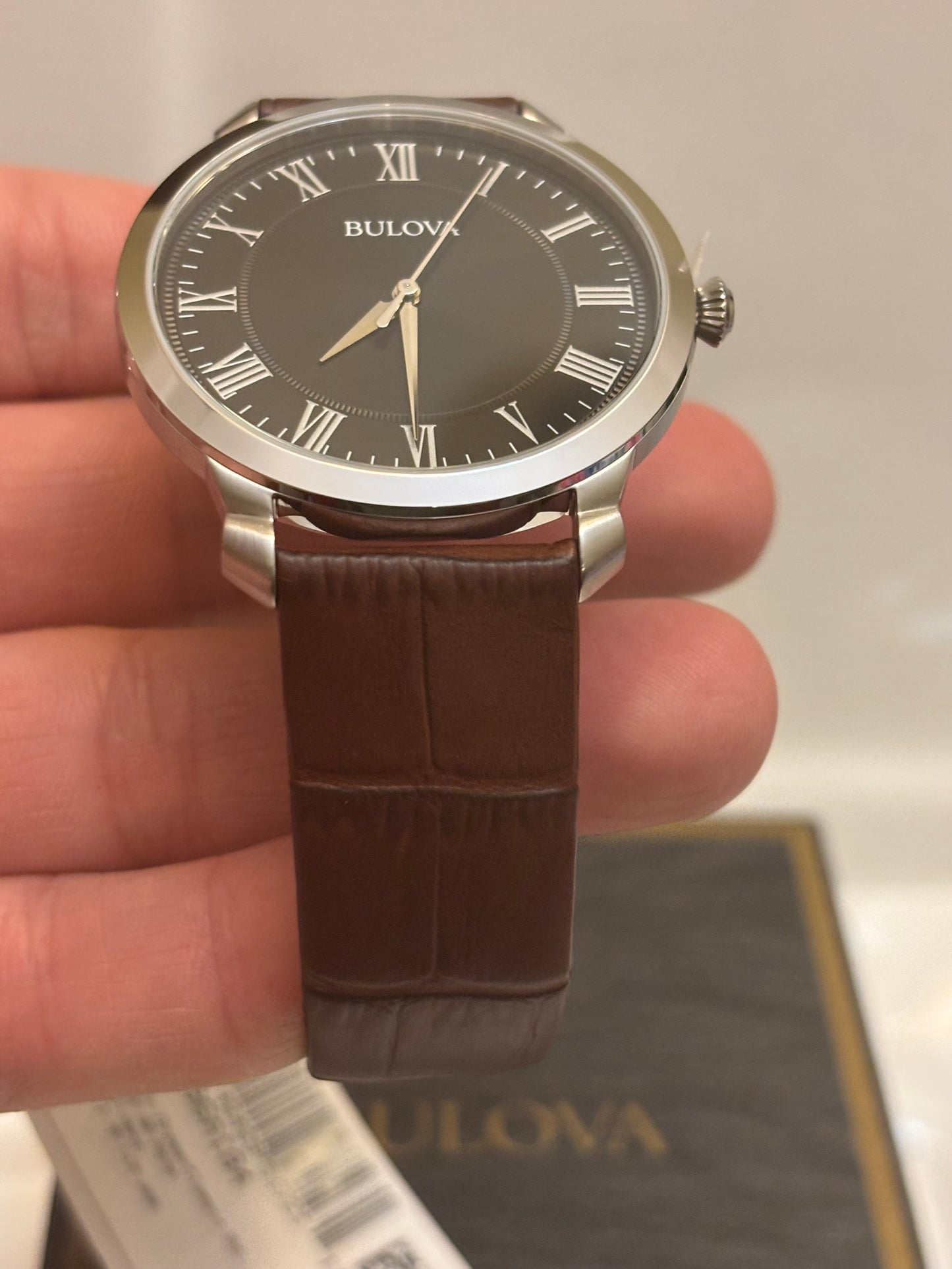 Bulova Classic 96A184 Men’s Black Dial Roman Numeral Brown Leather Watch