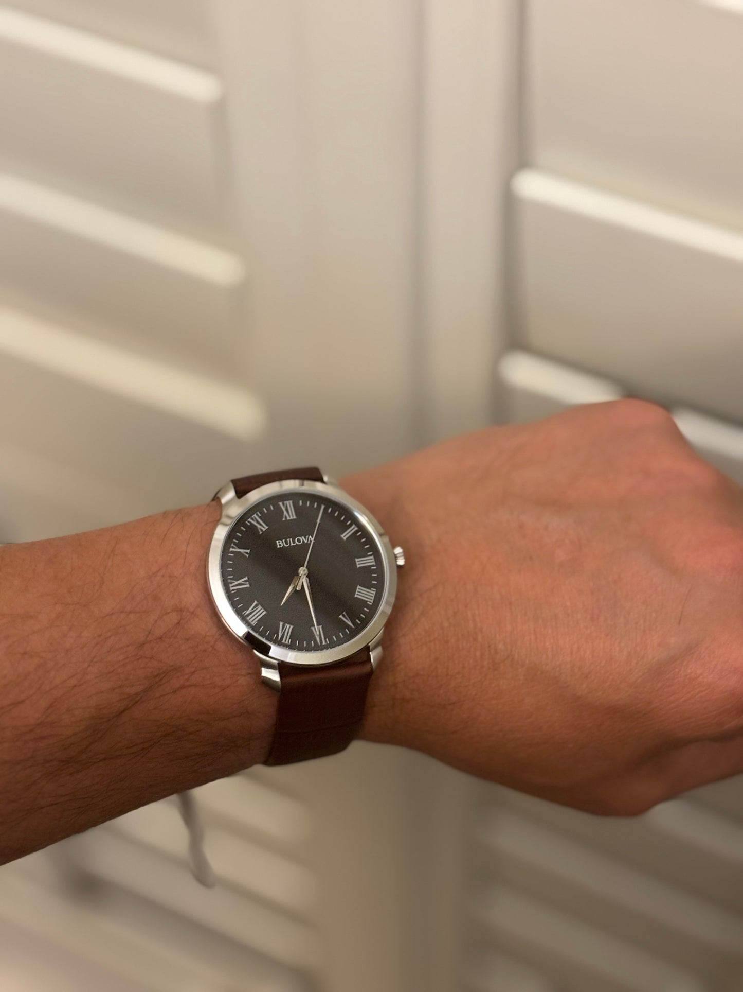 Bulova Classic 96A184 Men’s Black Dial Roman Numeral Brown Leather Watch