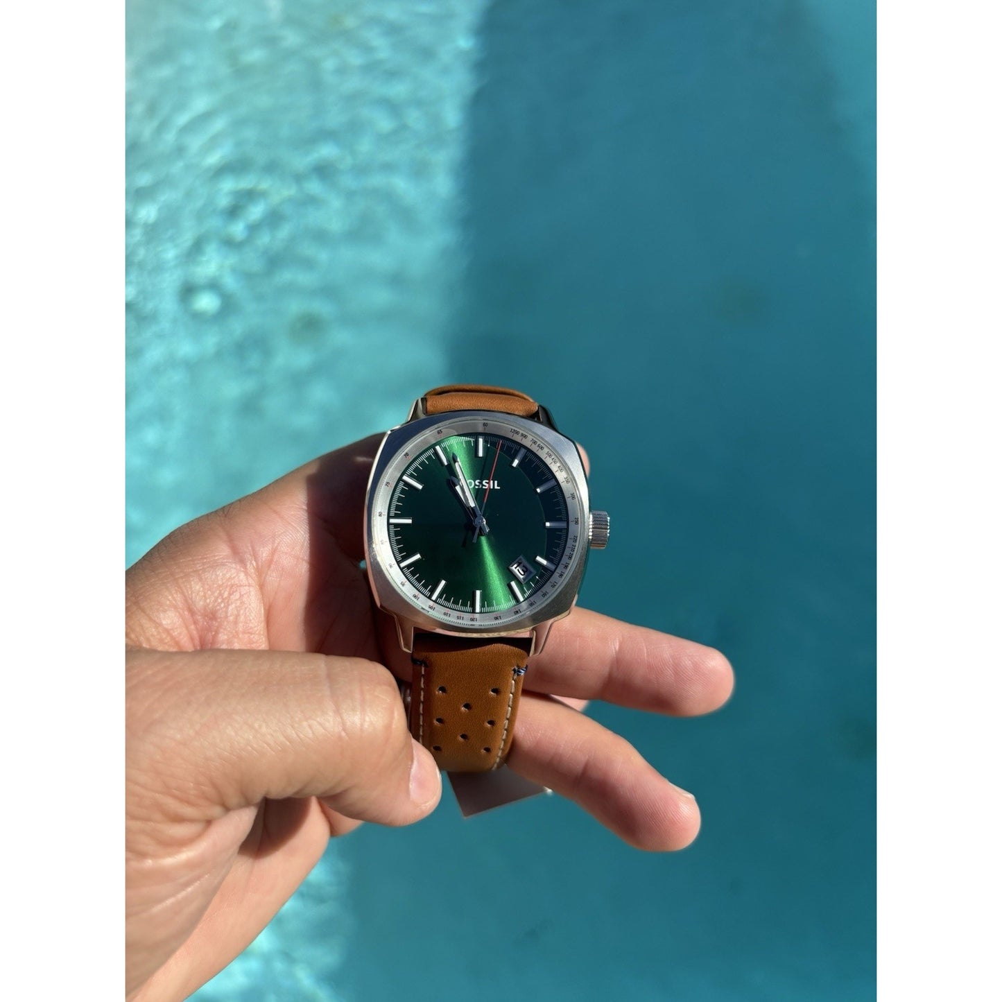 Fossil PR5486 Sun-Ray Green Dial Tonneau-Cushion Case Perforated Leather Band