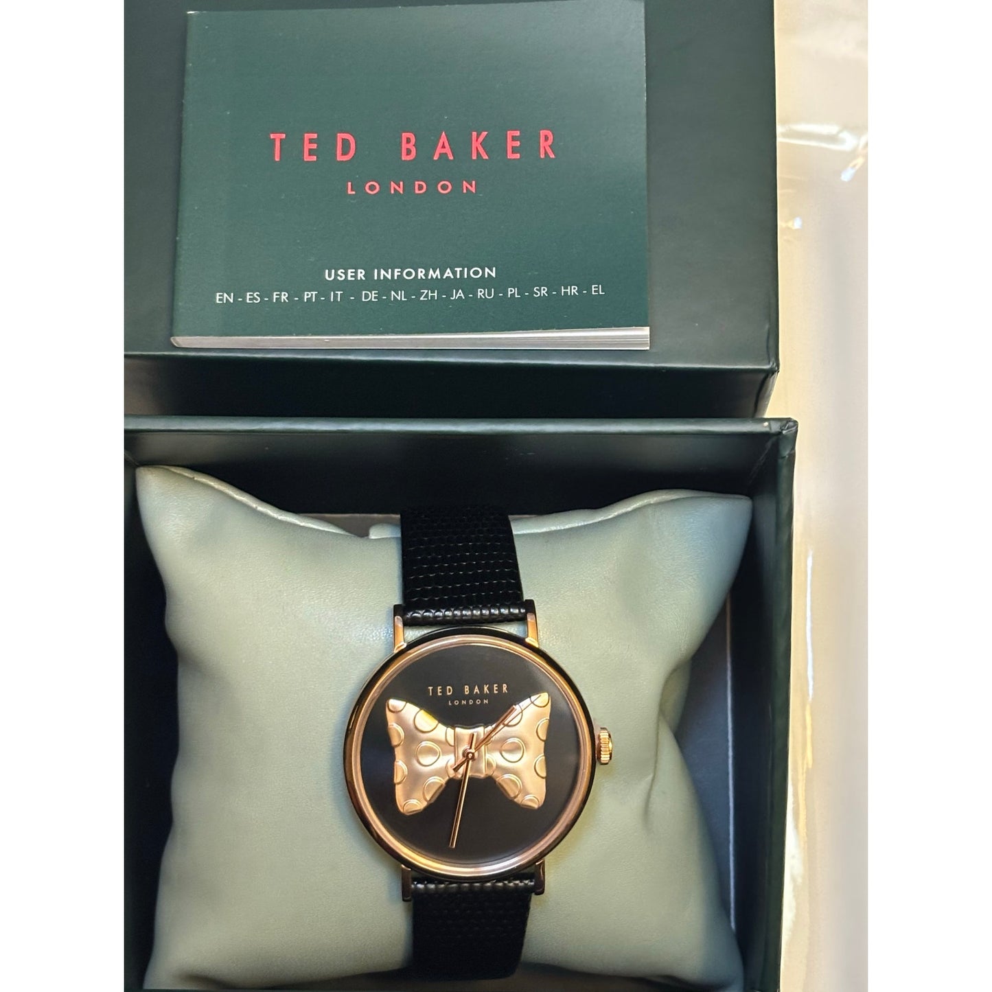Ted Baker Ladies Black Lizard Leather Strap Watch Rose Gold Bow-Tie Dial BKPPHS3019I