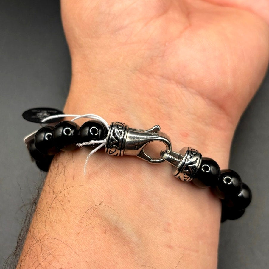 Blackjack BJS244BSO Men's Black Onyx Beaded Bracelet Stainless Steel NIBWT