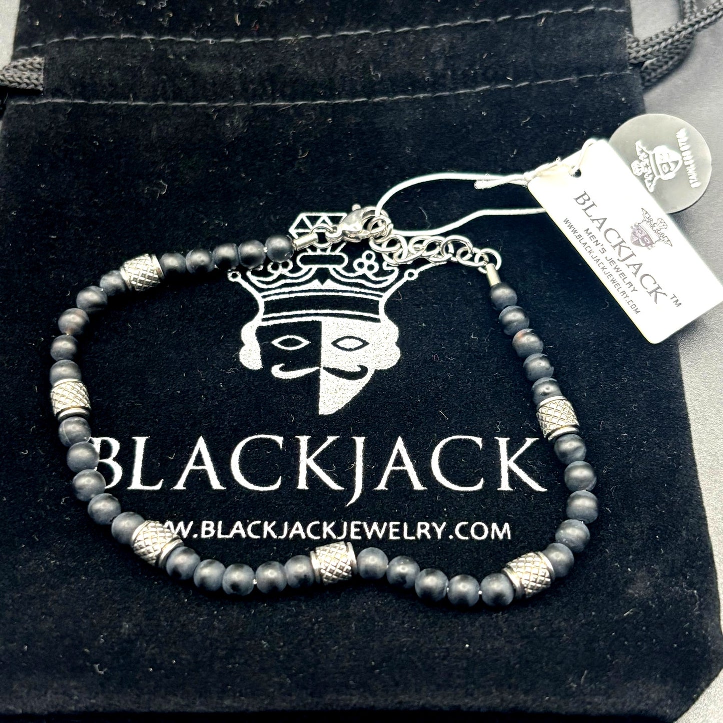 Blackjack BJS37BON Mens Genuine Onyx Stainless Steel Beaded Bracelet NIBWT