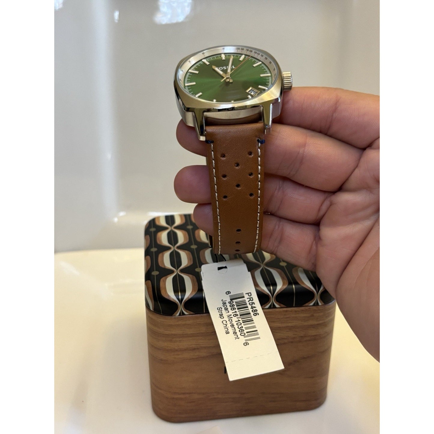 Fossil PR5486 Sun-Ray Green Dial Tonneau-Cushion Case Perforated Leather Band