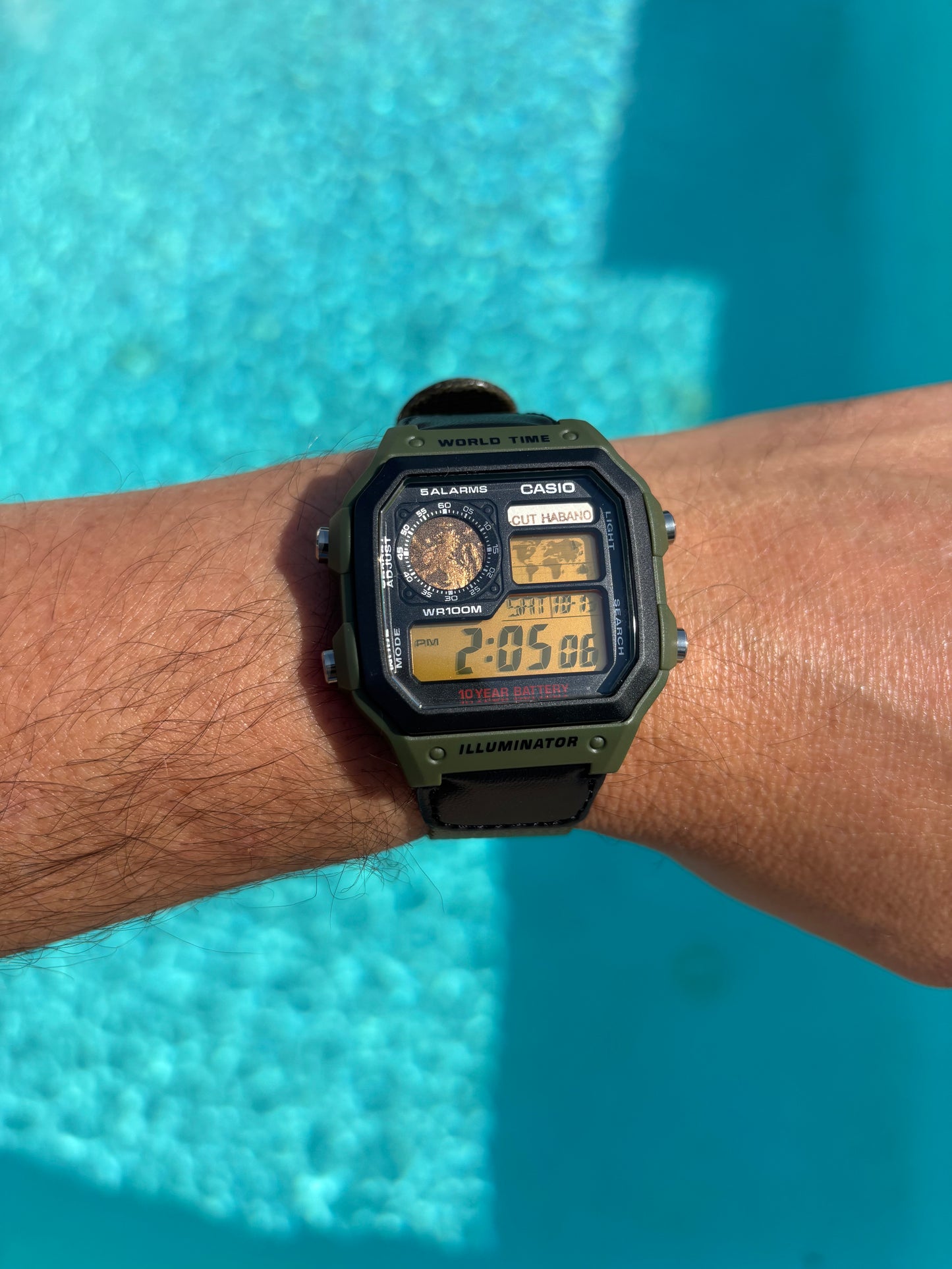 Custom Casio World Time Mod – Cigar Band “CUT HABANO” + Orange Gel Filter | Olive Green Strap