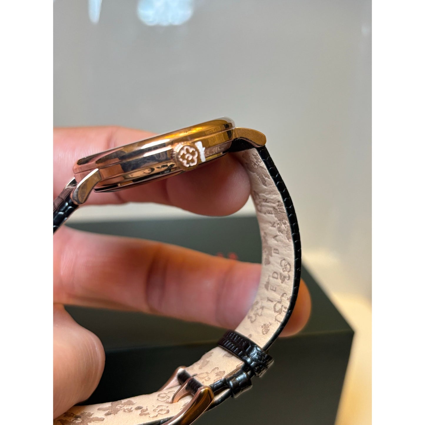Ted Baker Ladies Black Lizard Leather Strap Watch Rose Gold Bow-Tie Dial BKPPHS3019I