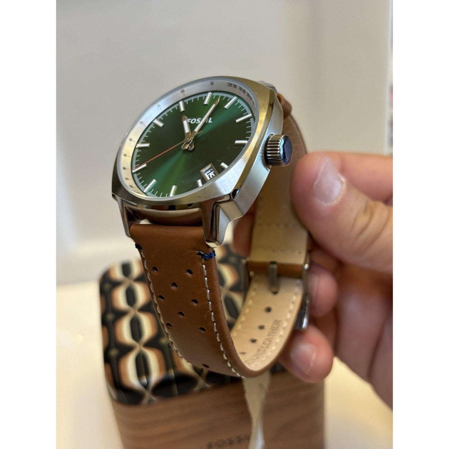 Fossil PR5486 Sun-Ray Green Dial Tonneau-Cushion Case Perforated Leather Band