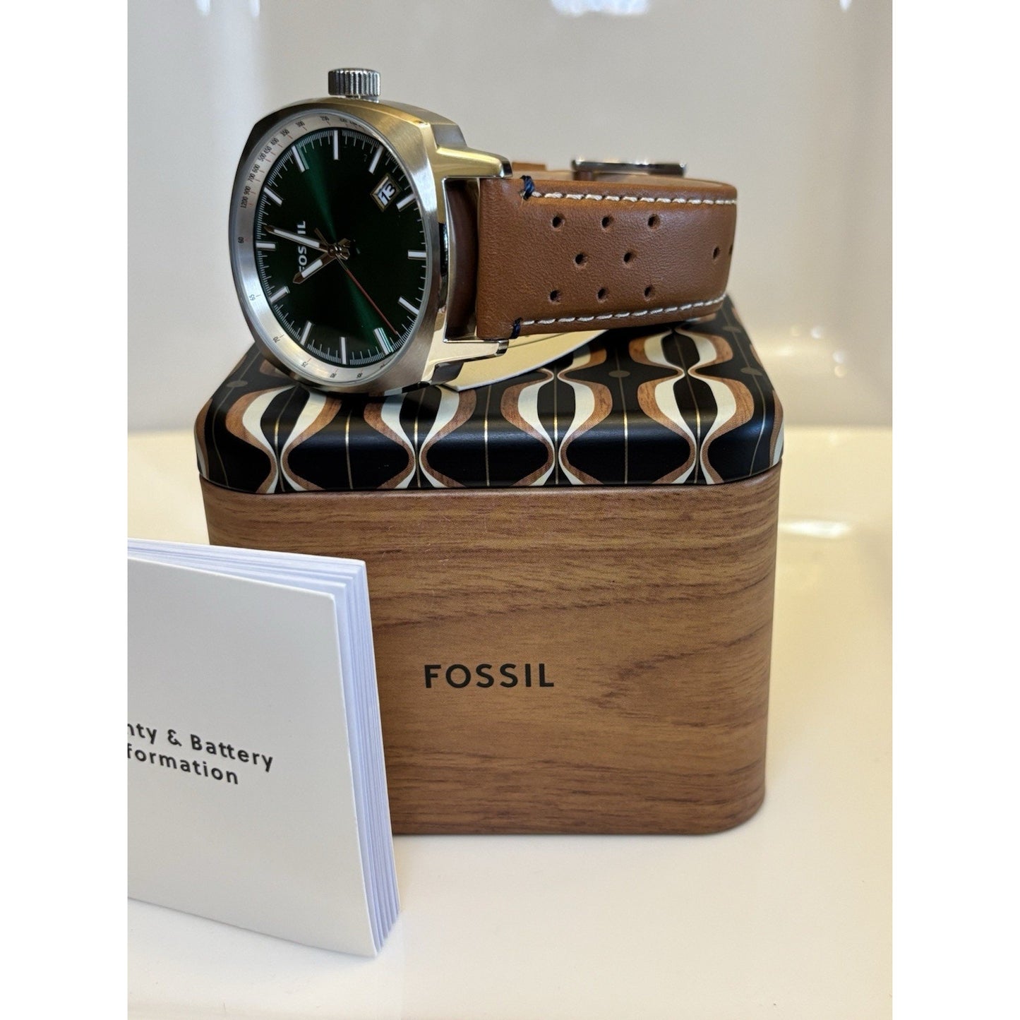 Fossil PR5486 Sun-Ray Green Dial Tonneau-Cushion Case Perforated Leather Band