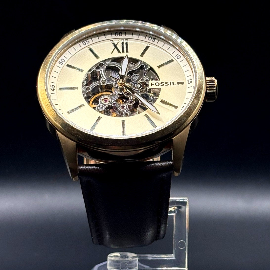 Fossil Flynn BQ2382 Automatic Men's Watch Skeleton Dial Leather Strap 48mm
