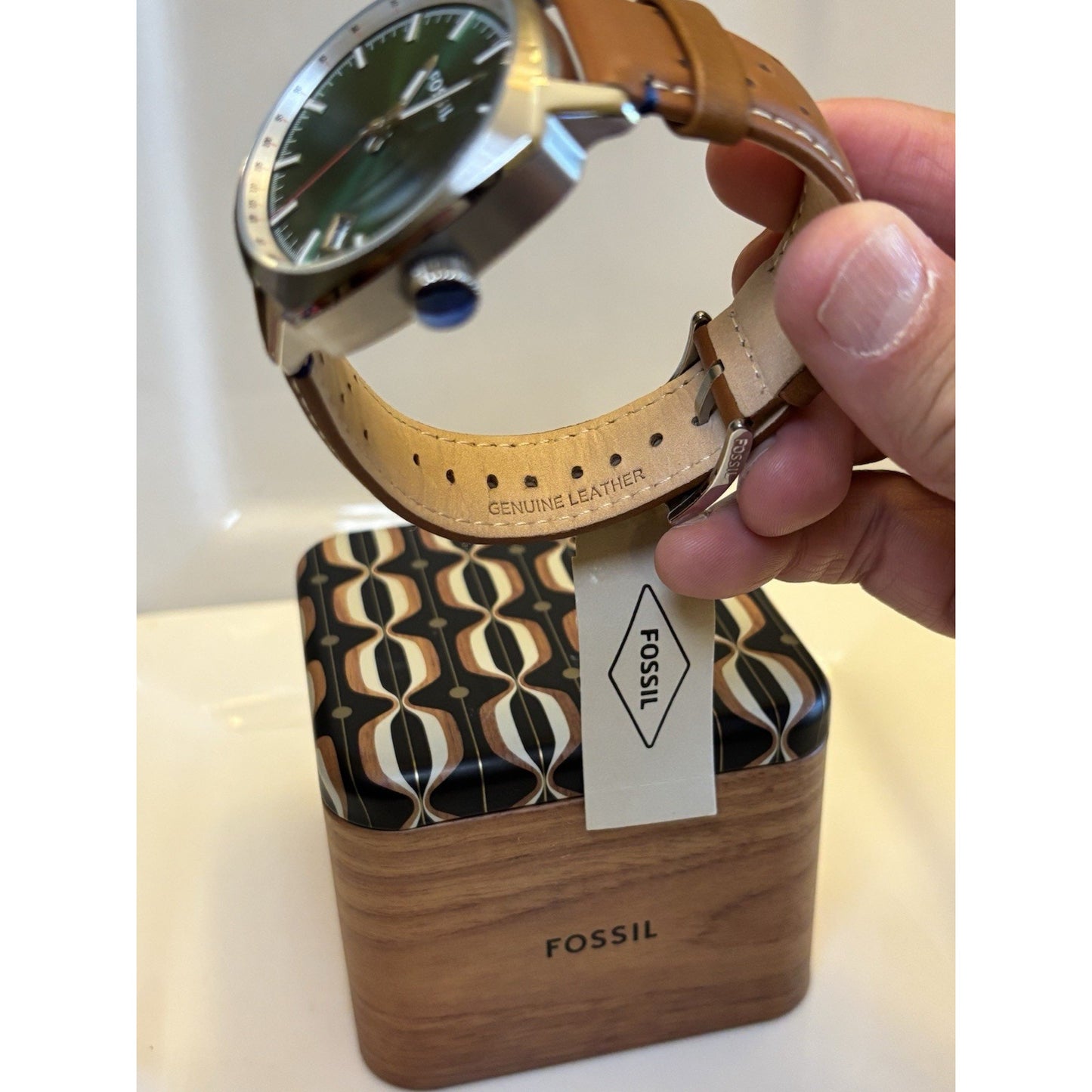 Fossil PR5486 Sun-Ray Green Dial Tonneau-Cushion Case Perforated Leather Band