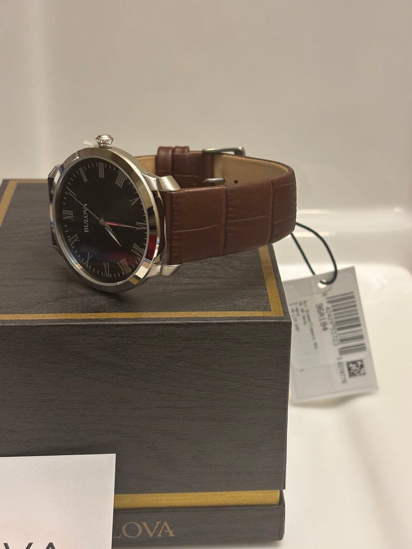 Bulova Classic 96A184 Men’s Black Dial Roman Numeral Brown Leather Watch