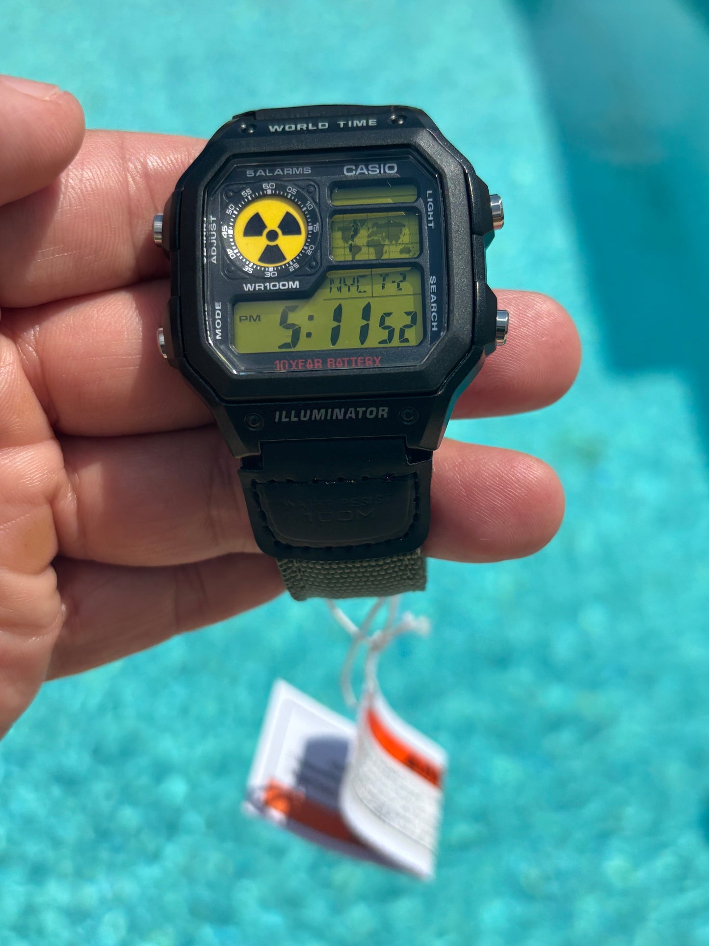 Modded Casio AE1200WH-1A “Nuclear Edition” – Green Nylon Strap, Gel Filter & Atomic Symbol Display