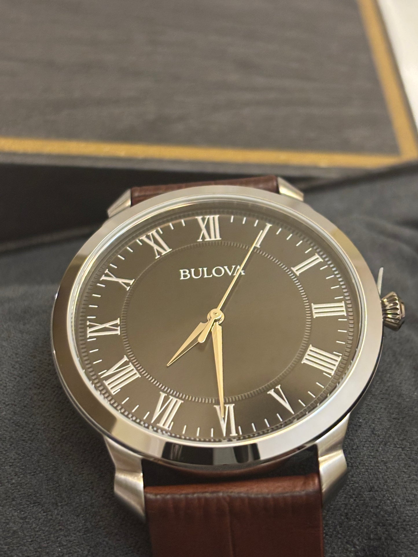 Bulova Classic 96A184 Men’s Black Dial Roman Numeral Brown Leather Watch