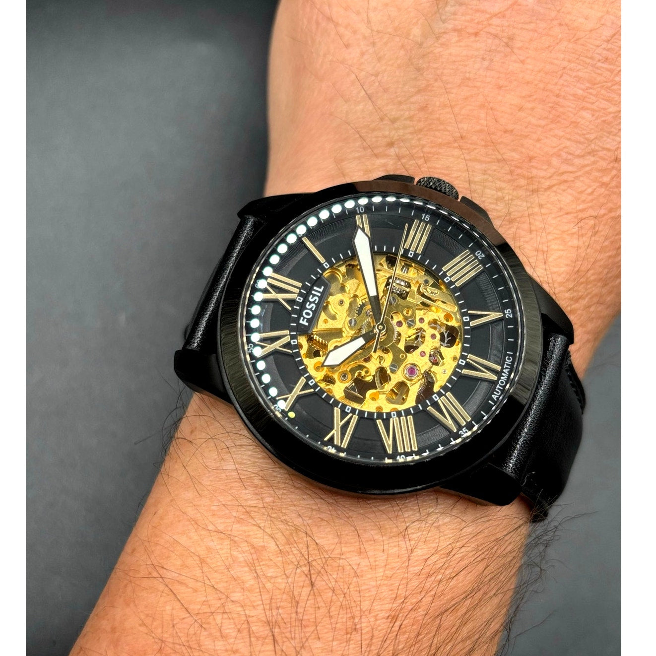 Fossil Grant ME3094 Automatic Skeleton Black Leather Men’s Watch 45mm