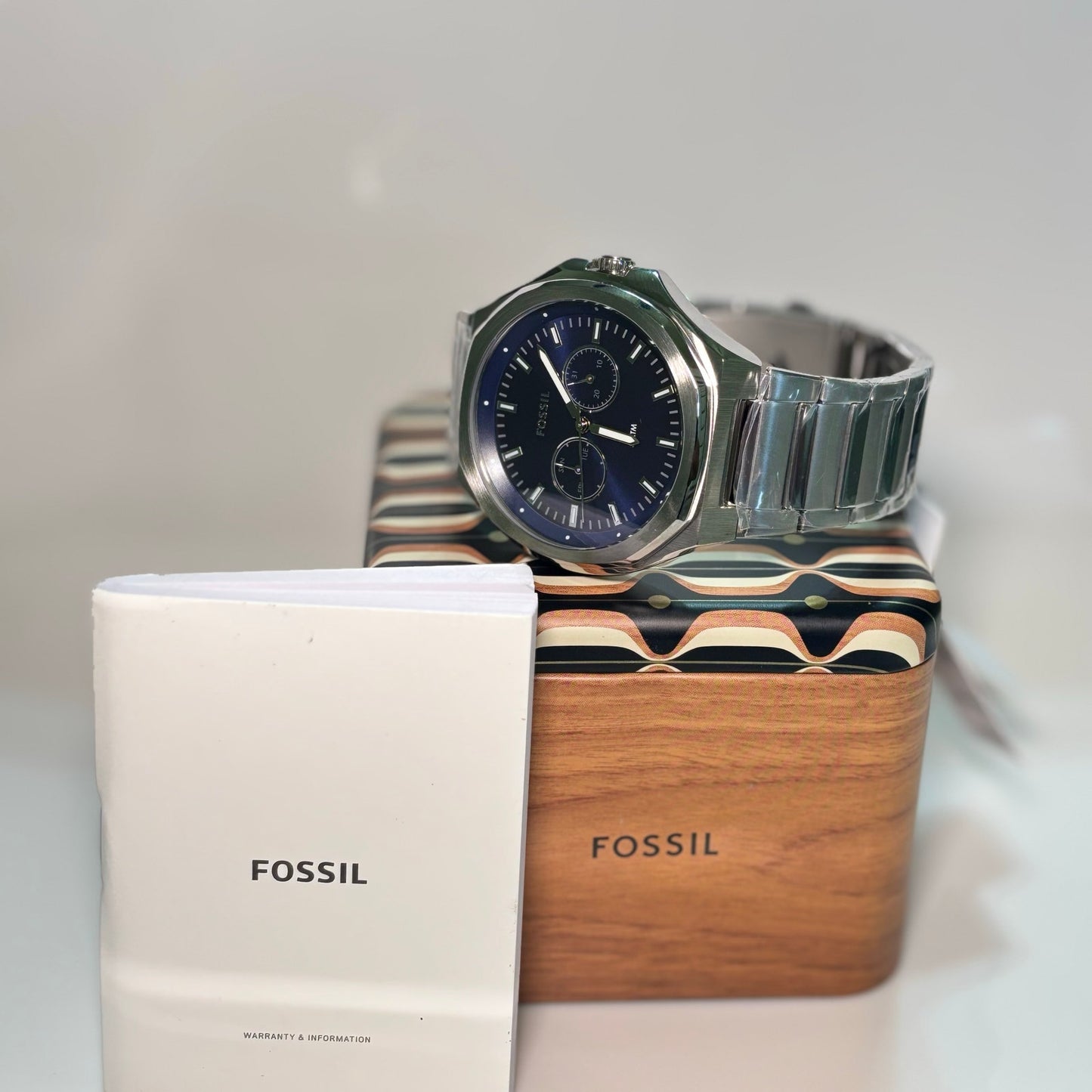 Fossil Evanston BQ2610 Mens Multifunction Quartz Watch 45mm Stainless Steel Bracelet Blue Sunray Dial 5ATM Water Resistant