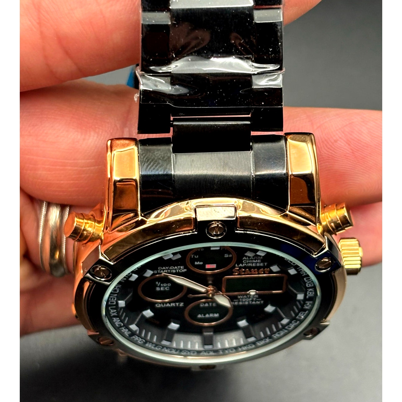 Stauer 52318 Due Volta Chronograph Men's Watch 48mm Rose Gold Black Steel NIB