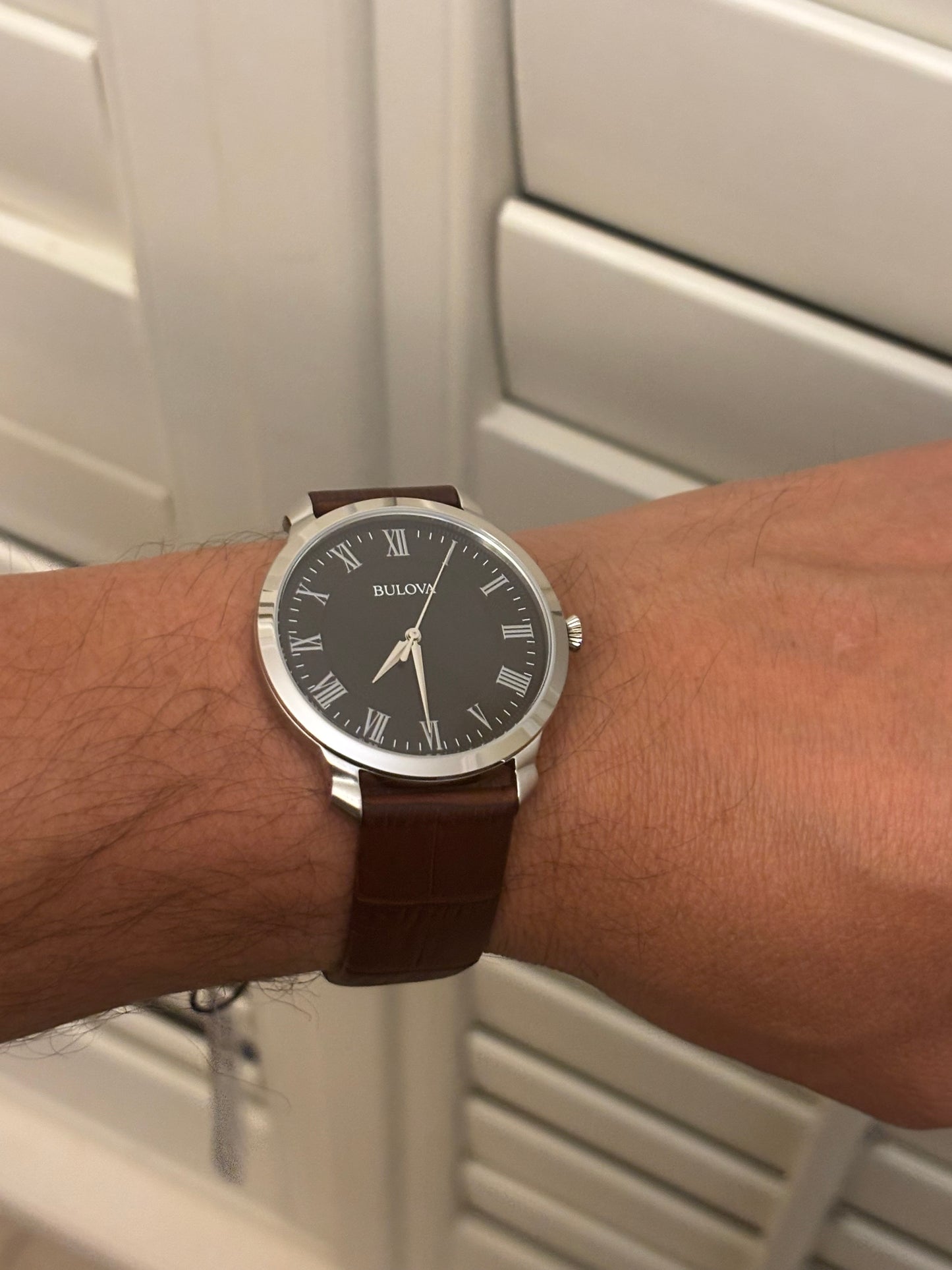 Bulova Classic 96A184 Men’s Black Dial Roman Numeral Brown Leather Watch