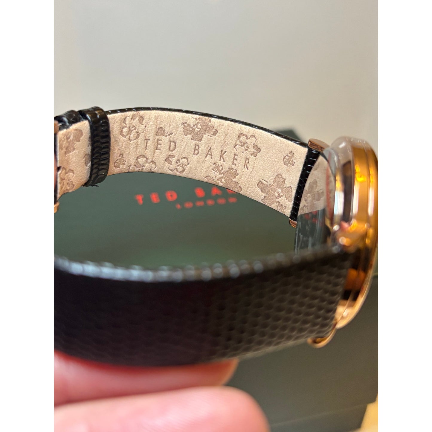 Ted Baker Ladies Black Lizard Leather Strap Watch Rose Gold Bow-Tie Dial BKPPHS3019I