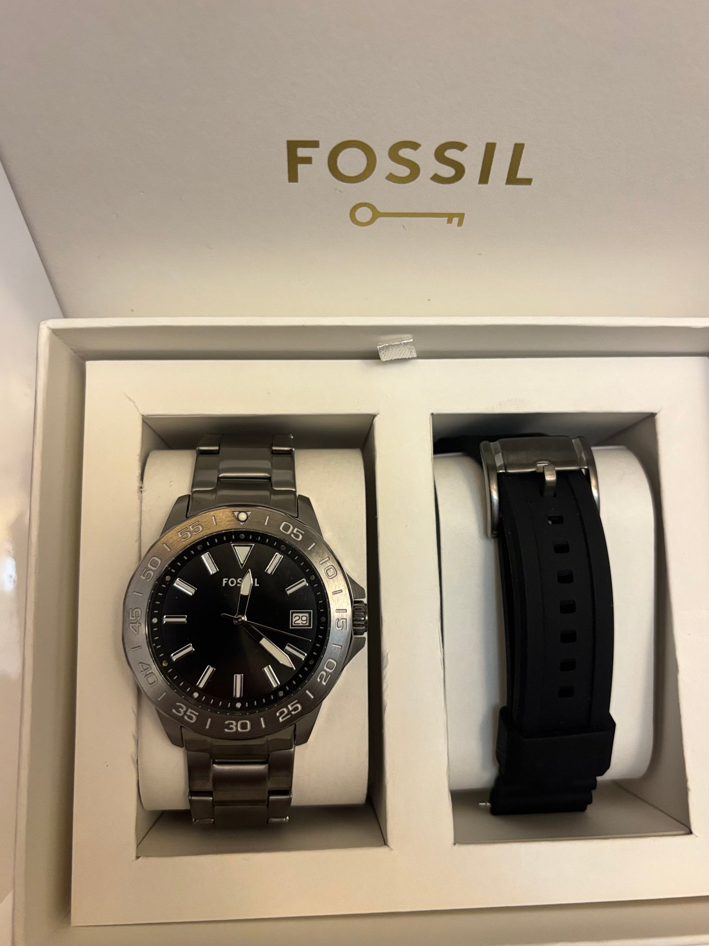 Fossil Bannon BQ2785SET Watch + Extra Strap Box Set — Smoke Stainless — Free Shipping