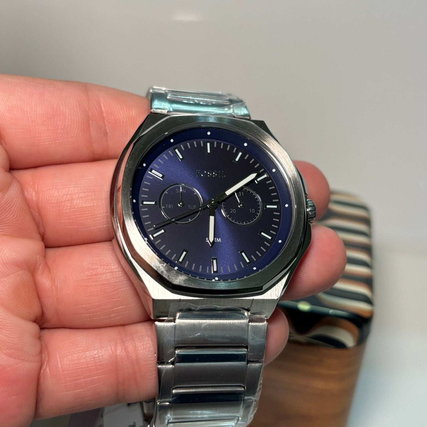 Fossil Evanston BQ2610 Mens Multifunction Quartz Watch 45mm Stainless Steel Bracelet Blue Sunray Dial 5ATM Water Resistant