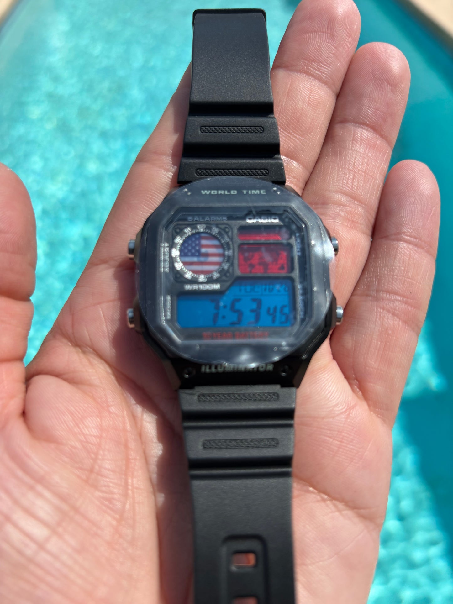 Custom Casio AE-1200 “World Time” – USA Flag Mod with Original Resin Strap