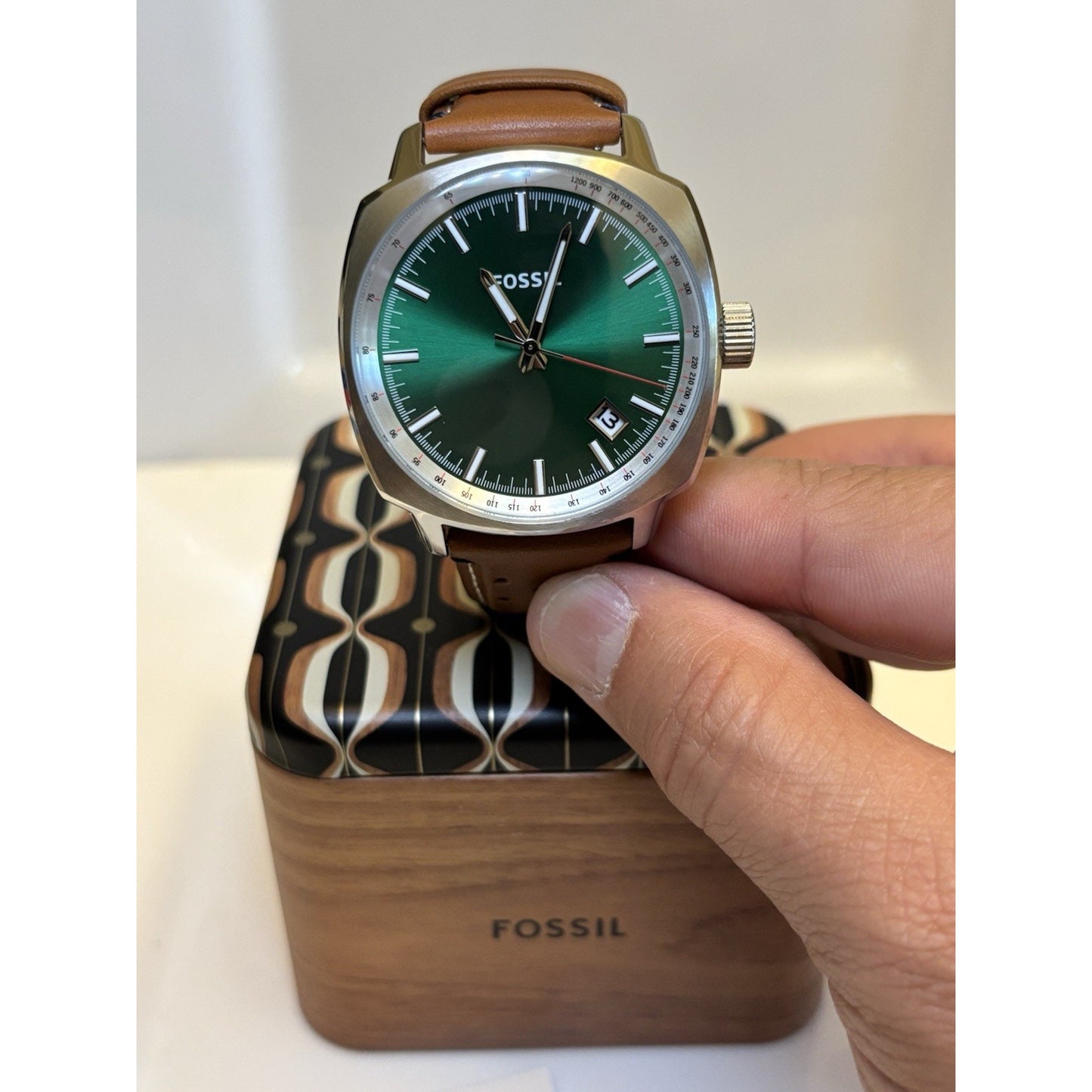 Fossil PR5486 Sun-Ray Green Dial Tonneau-Cushion Case Perforated Leather Band