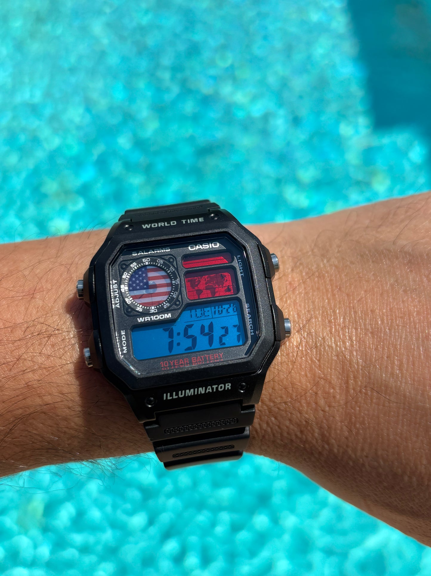 Custom Casio AE-1200 “World Time” – USA Flag Mod with Original Resin Strap