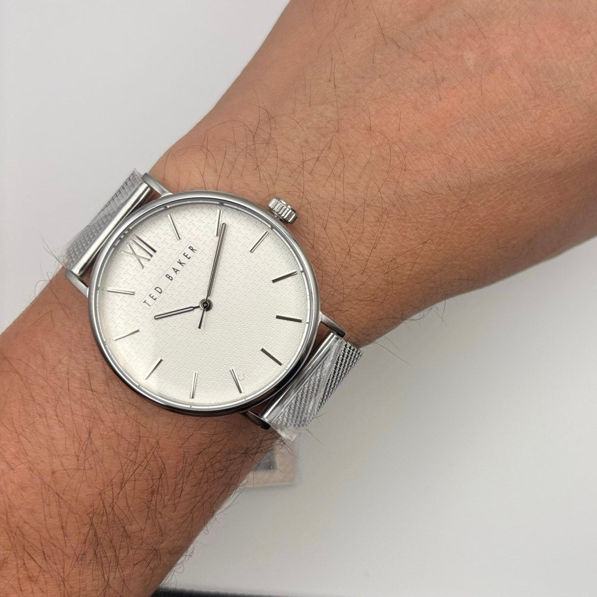 Ted Baker Phylipa BKPPGS217 Mens 43mm Silver Mesh White Dial Quartz. NIBWT