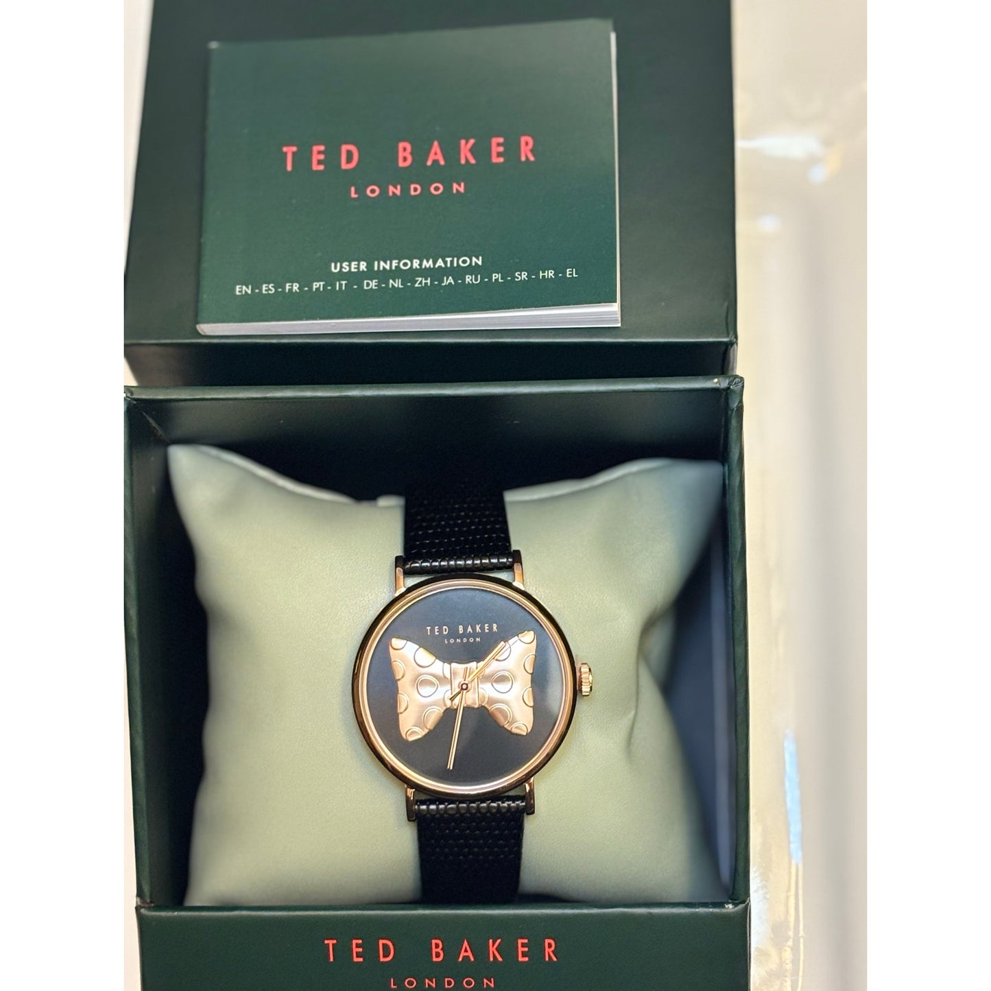 Ted Baker Ladies Black Lizard Leather Strap Watch Rose Gold Bow-Tie Dial BKPPHS3019I