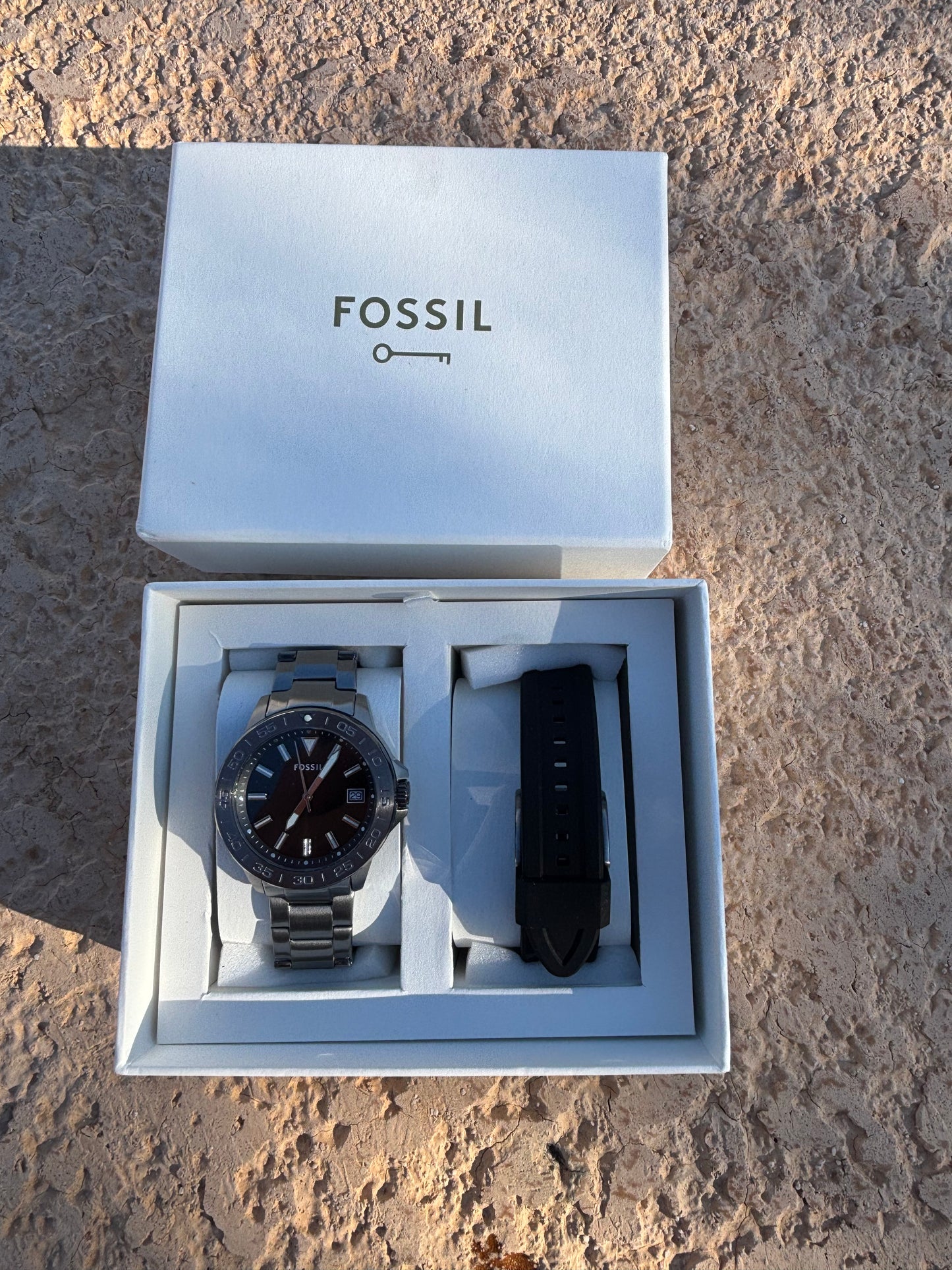 Fossil Bannon BQ2785SET Watch + Extra Strap Box Set — Smoke Stainless — Free Shipping