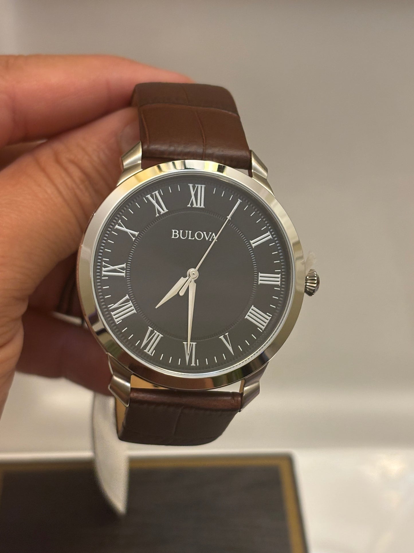 Bulova Classic 96A184 Men’s Black Dial Roman Numeral Brown Leather Watch