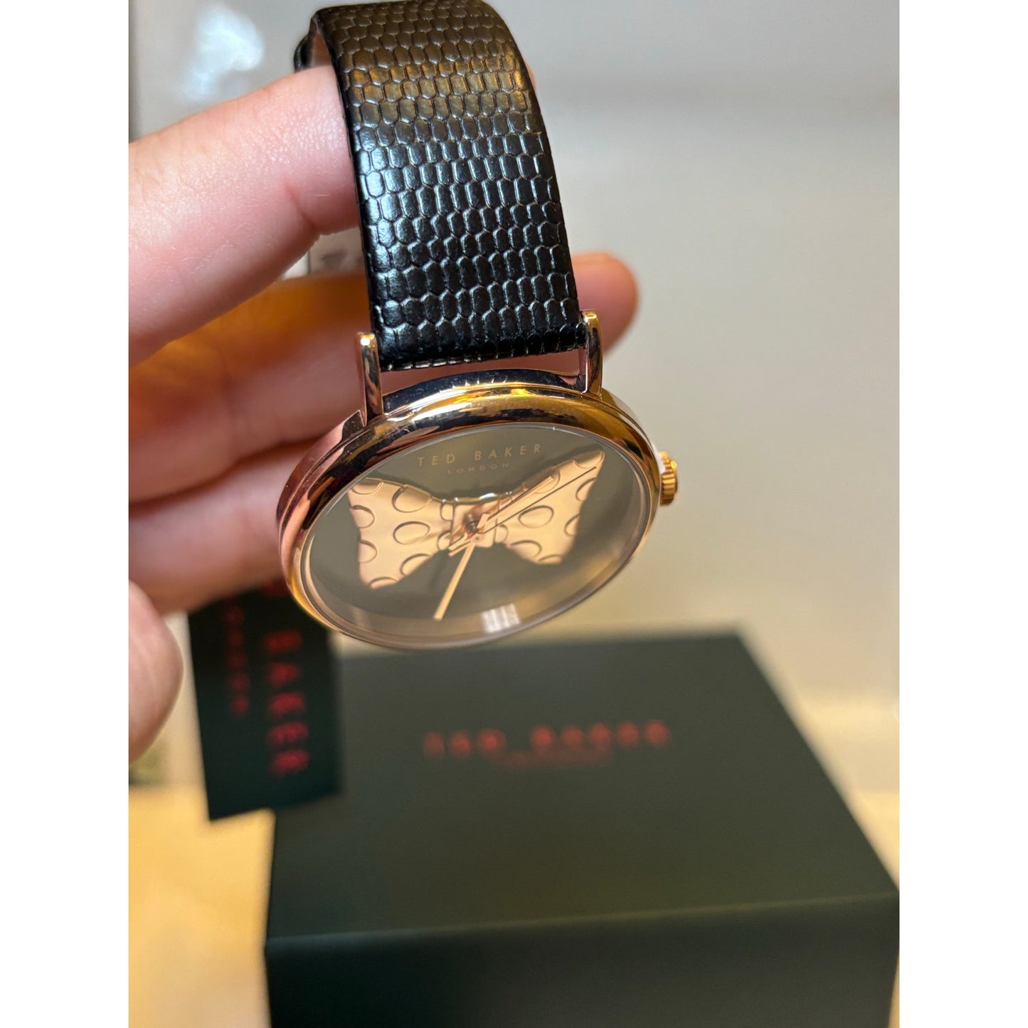 Ted Baker Ladies Black Lizard Leather Strap Watch Rose Gold Bow-Tie Dial BKPPHS3019I