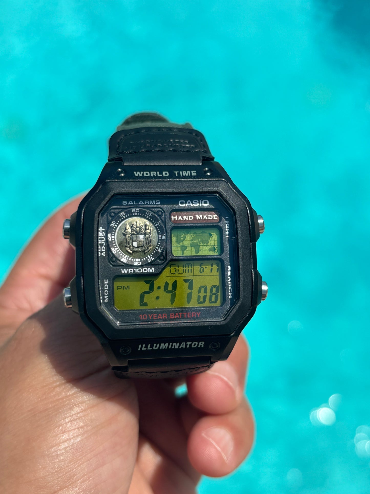 Modded Casio AE1200WH-1A “Cigar Edition” – Green Nylon Strap, Two-Tone Gel Filter & Handmade Emblem