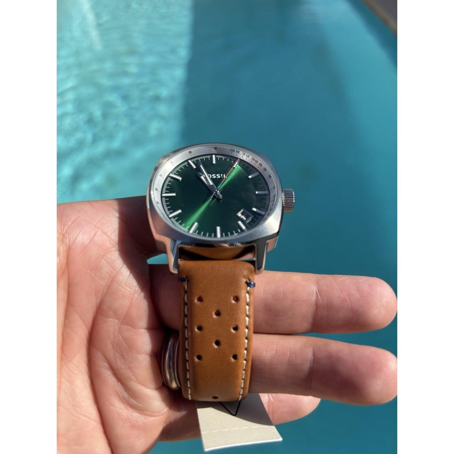 Fossil PR5486 Sun-Ray Green Dial Tonneau-Cushion Case Perforated Leather Band