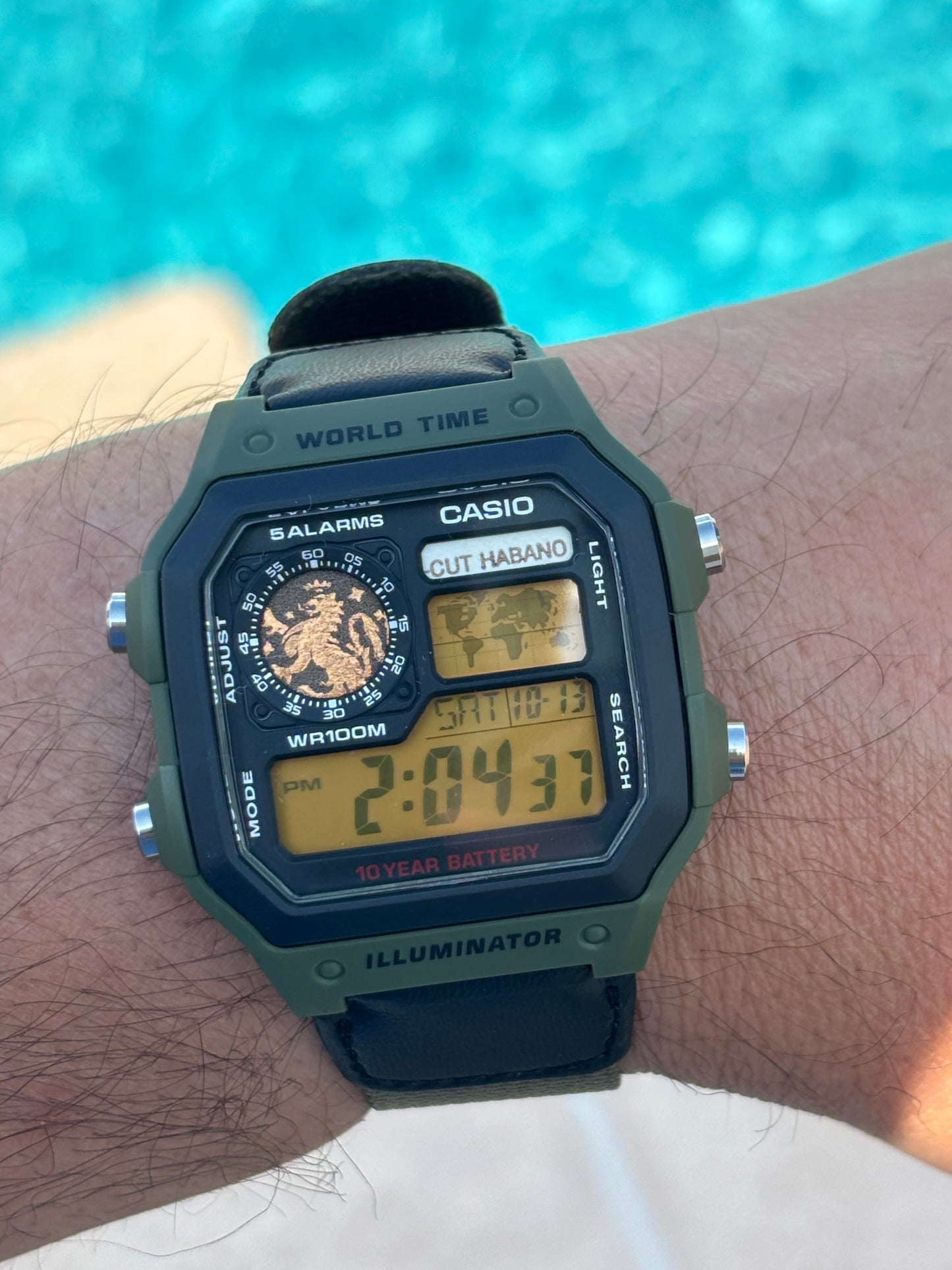 Custom Casio World Time Mod – Cigar Band “CUT HABANO” + Orange Gel Filter | Olive Green Strap