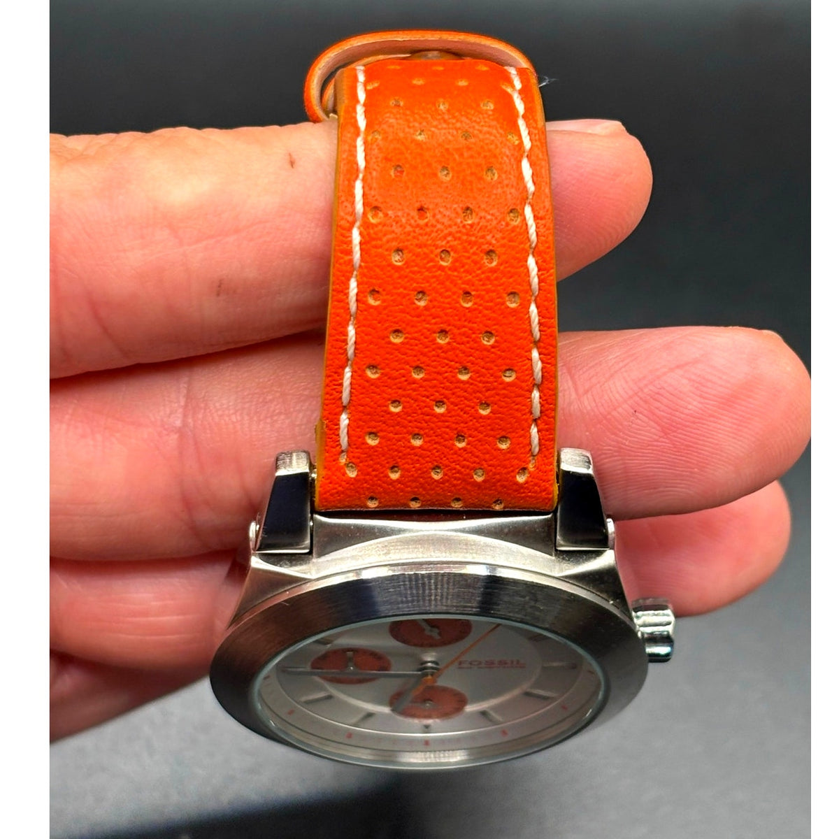 Fossil Boyfriend BQ9355 Multifunction Silver Orange Dial Leather Watch 50M