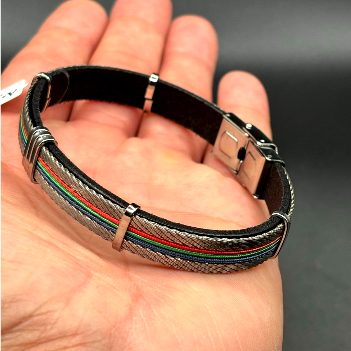 AMEN Italian Stainless Steel Cable Men's Bracelet Leather Red Green Blue NWT