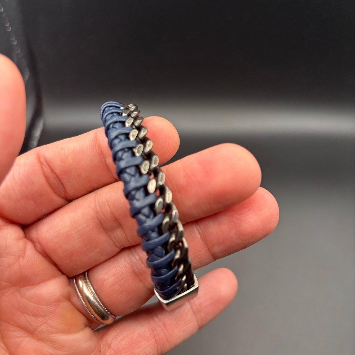 Bain Miller Mens Stainless Steel Blue Leather Woven Bracelet Slide Lock Clasp