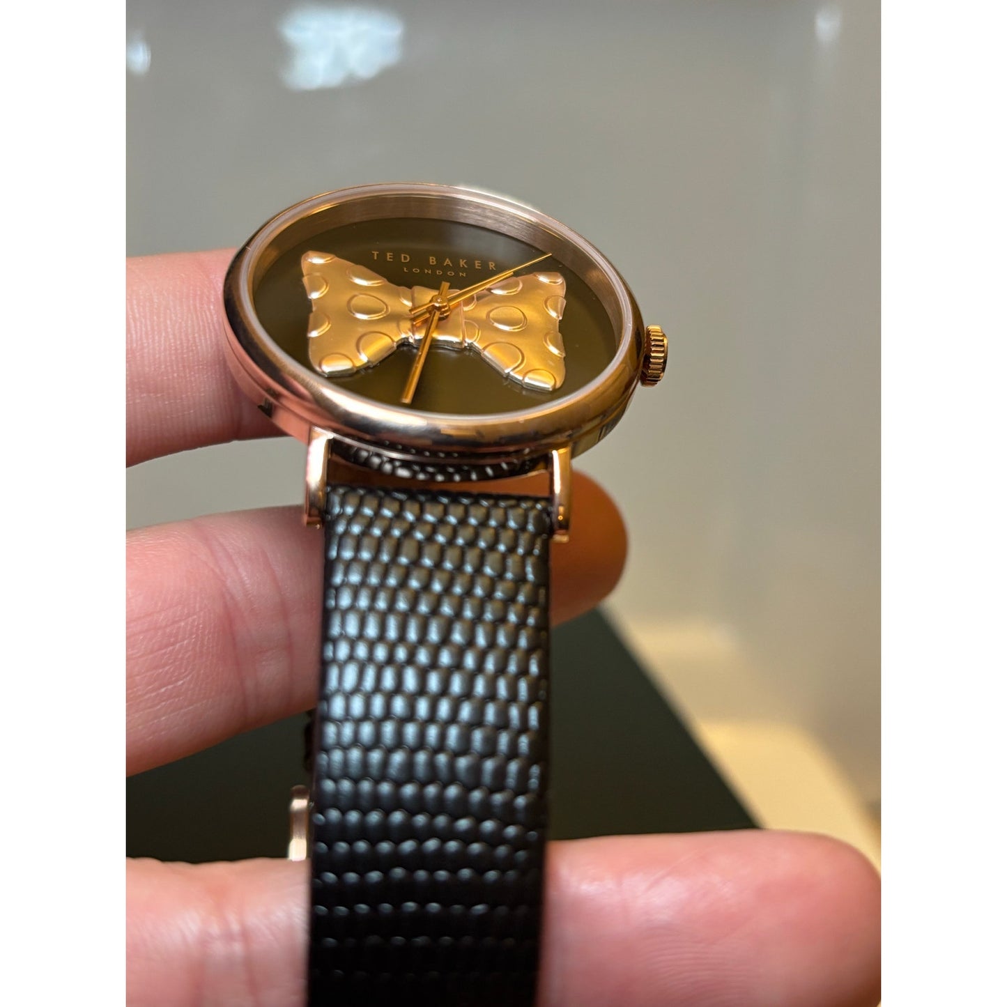 Ted Baker Ladies Black Lizard Leather Strap Watch Rose Gold Bow-Tie Dial BKPPHS3019I