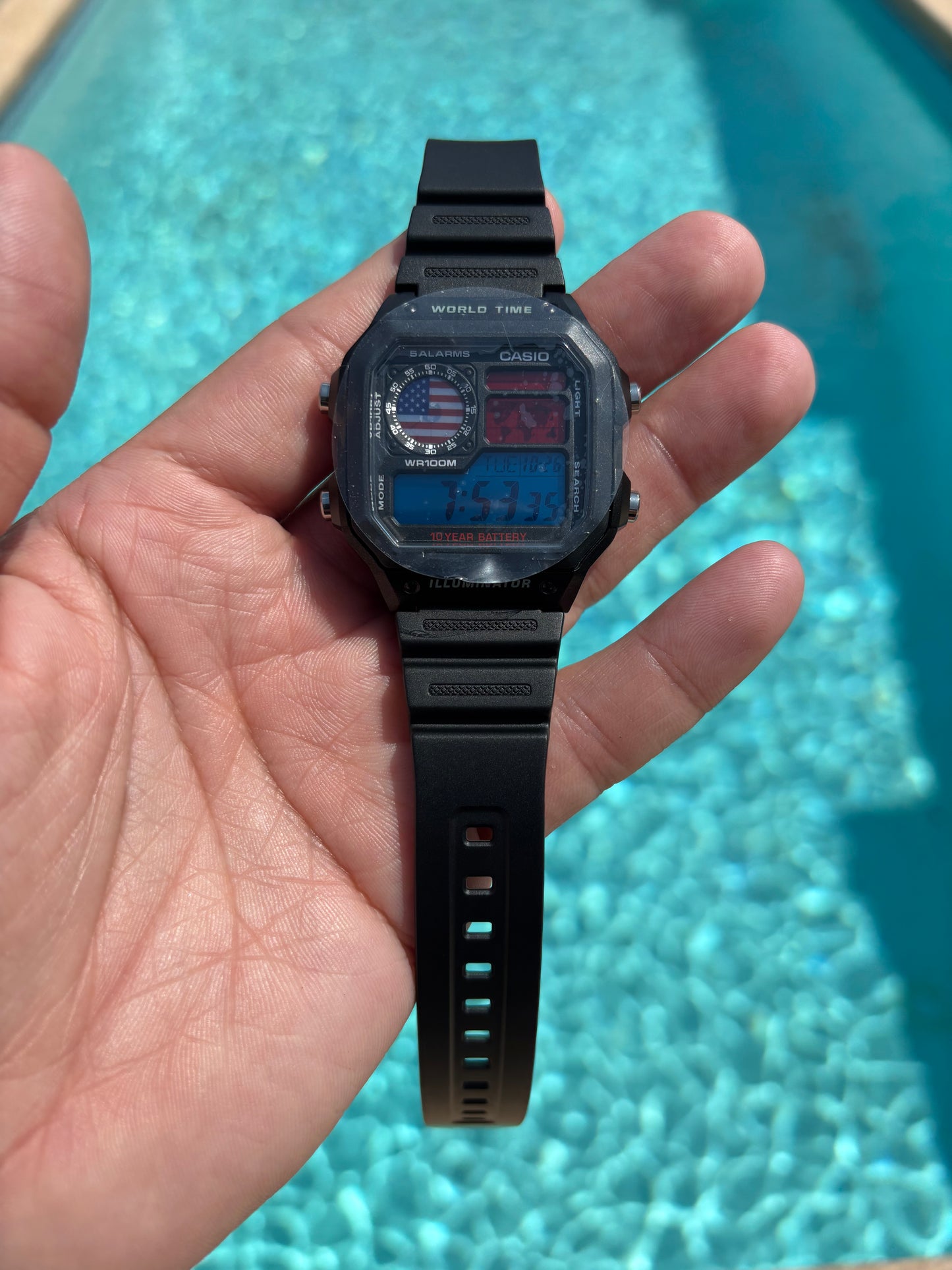 Custom Casio AE-1200 “World Time” – USA Flag Mod with Original Resin Strap