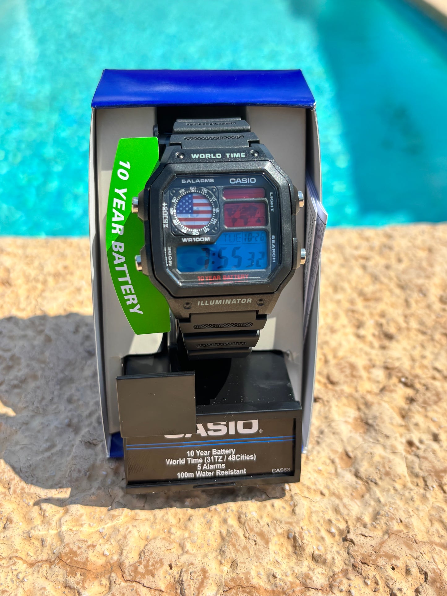 Custom Casio AE-1200 “World Time” – USA Flag Mod with Original Resin Strap