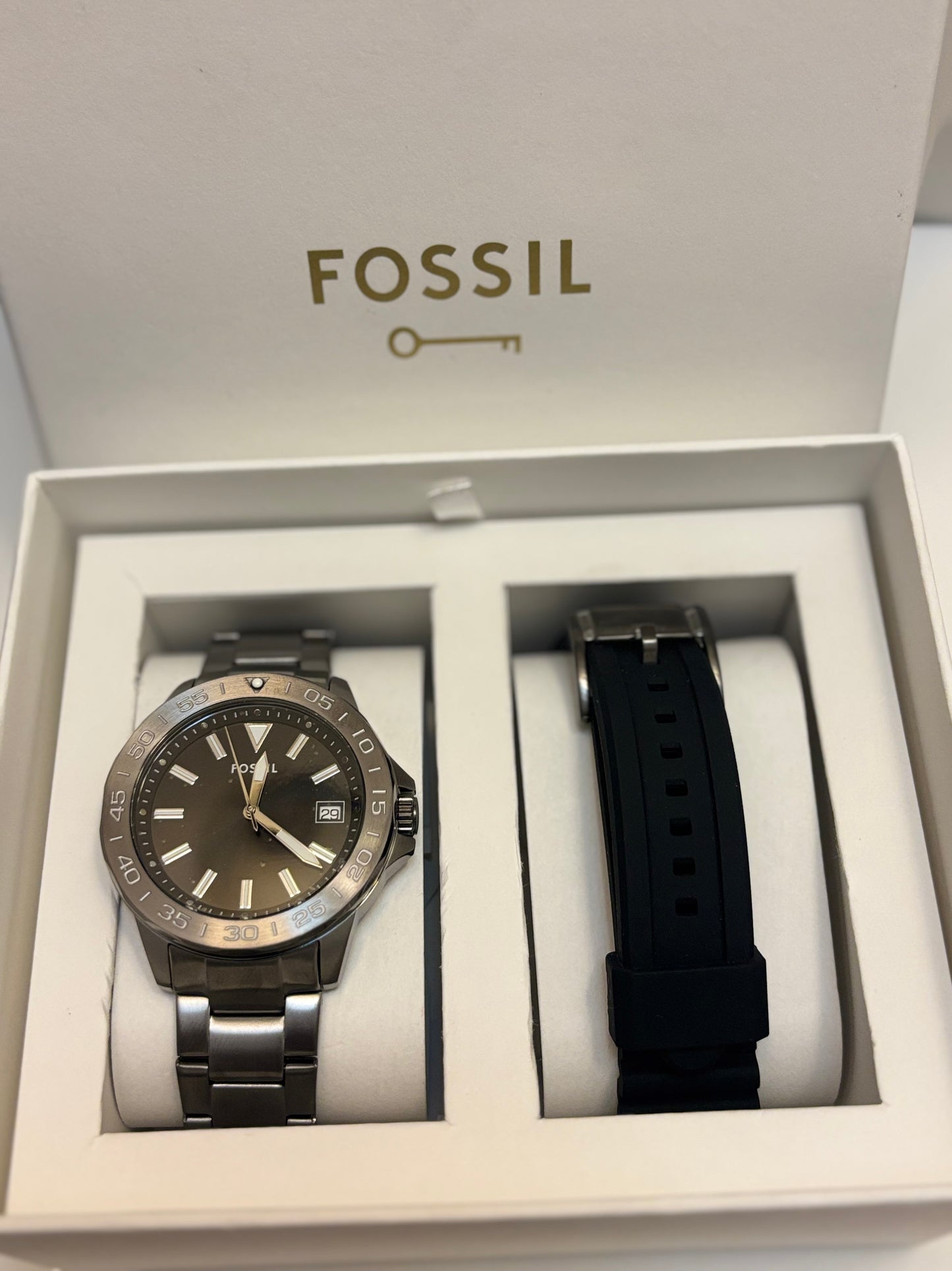 Fossil Bannon BQ2785SET Watch + Extra Strap Box Set — Smoke Stainless — Free Shipping