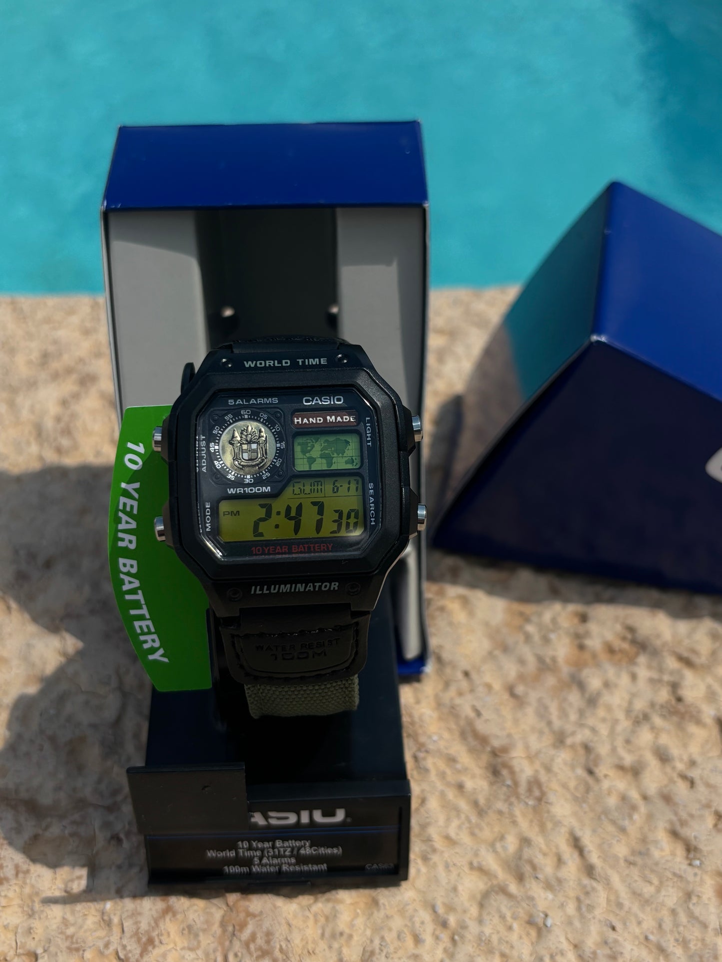 Modded Casio AE1200WH-1A “Cigar Edition” – Green Nylon Strap, Two-Tone Gel Filter & Handmade Emblem