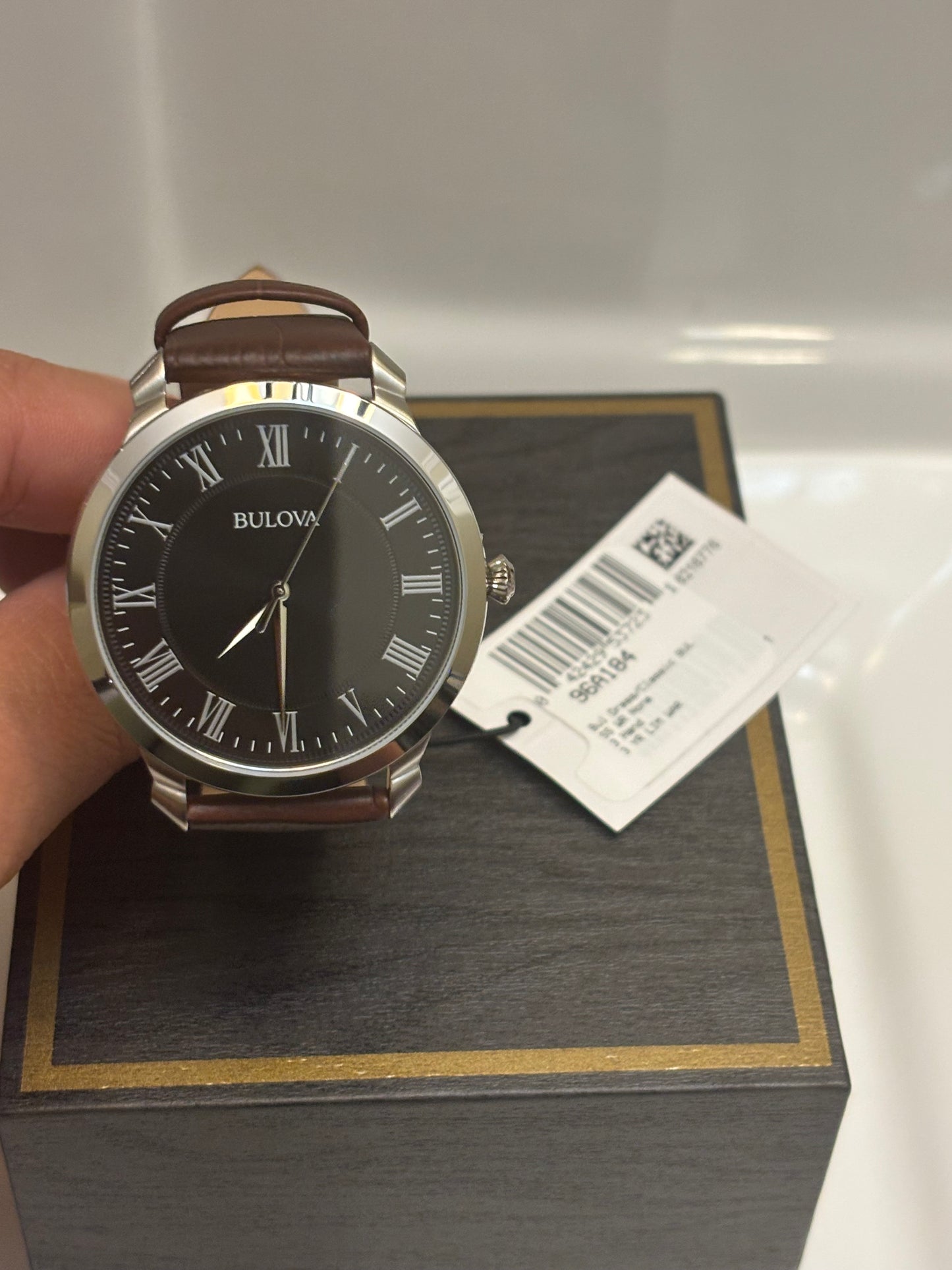 Bulova Classic 96A184 Men’s Black Dial Roman Numeral Brown Leather Watch