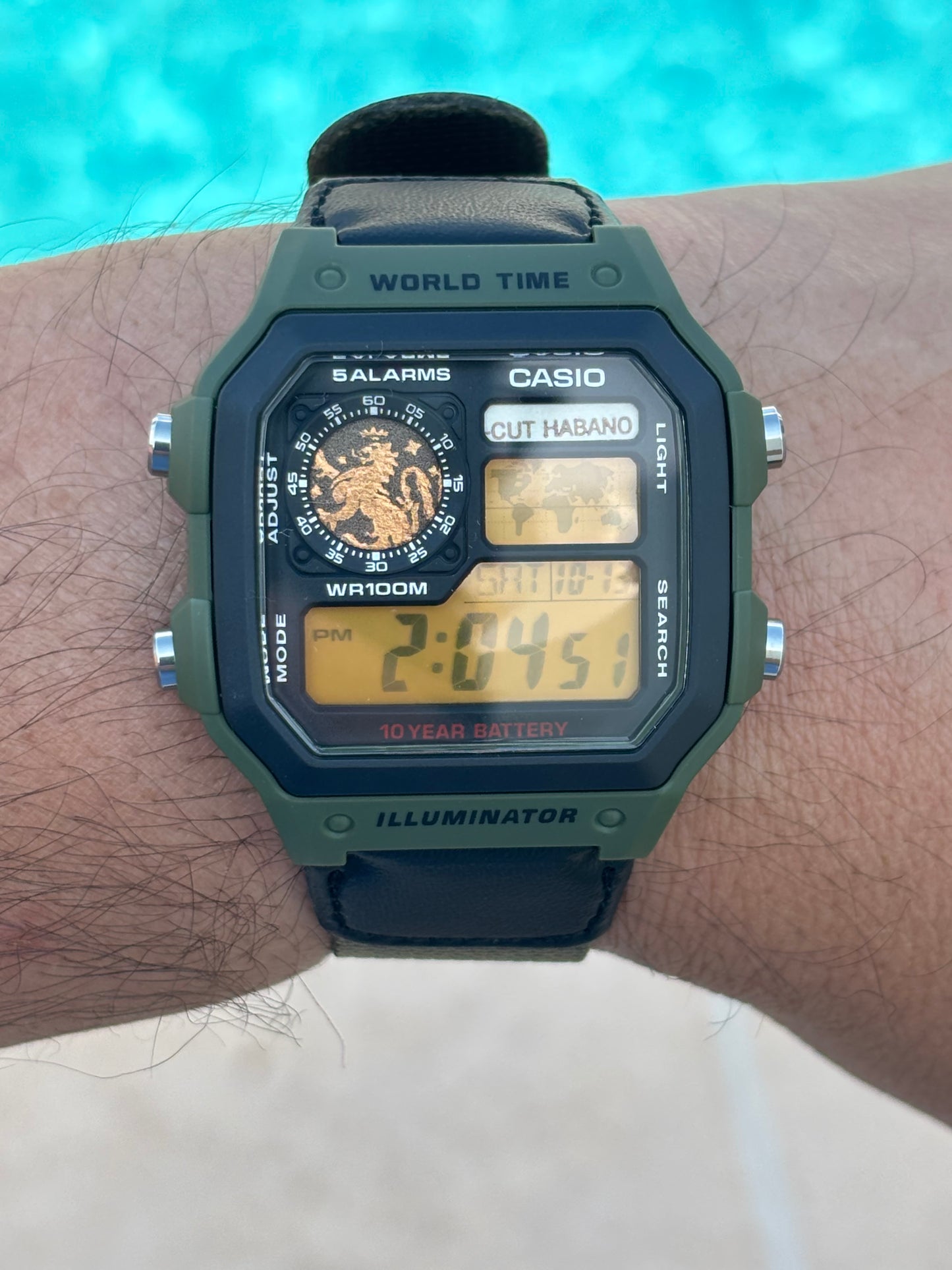 Custom Casio World Time Mod – Cigar Band “CUT HABANO” + Orange Gel Filter | Olive Green Strap