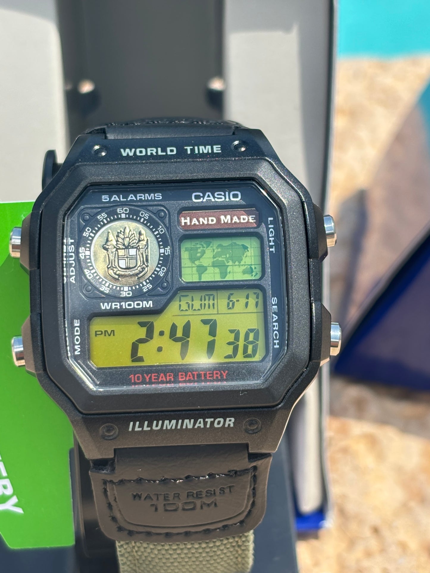 Modded Casio AE1200WH-1A “Cigar Edition” – Green Nylon Strap, Two-Tone Gel Filter & Handmade Emblem